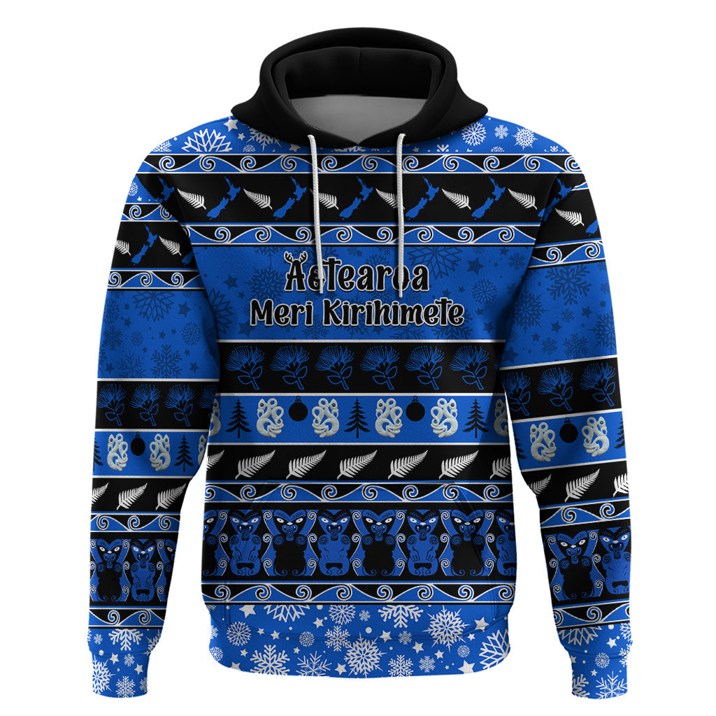 Personalised New Zealand Christmas Hoodie Aotearoa Kiwi Meri Kirihimete Blue Version LT14