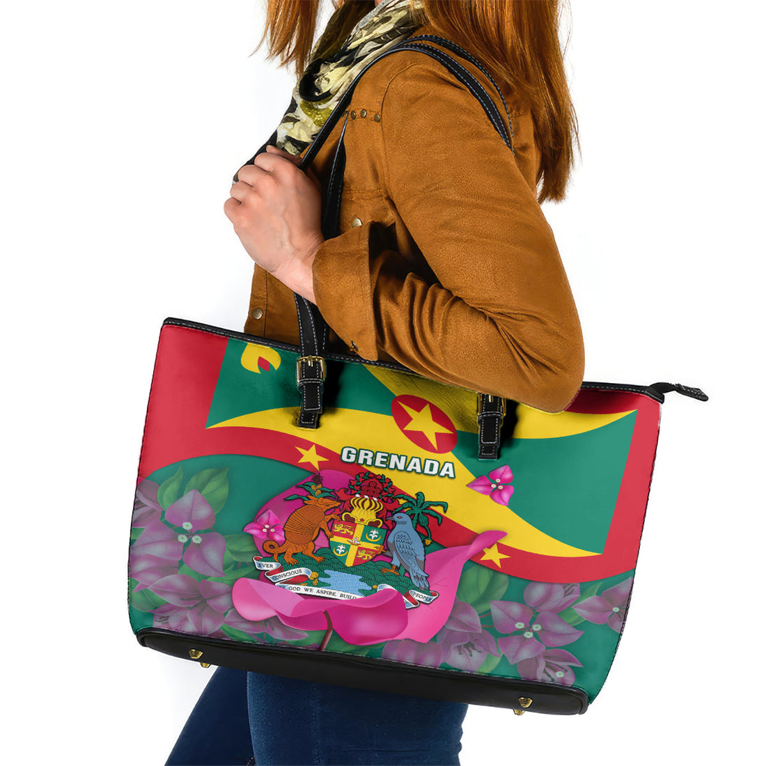 Grenada Independence Day Leather Tote Bag Gwenad Bougainvillea Flowers LT14