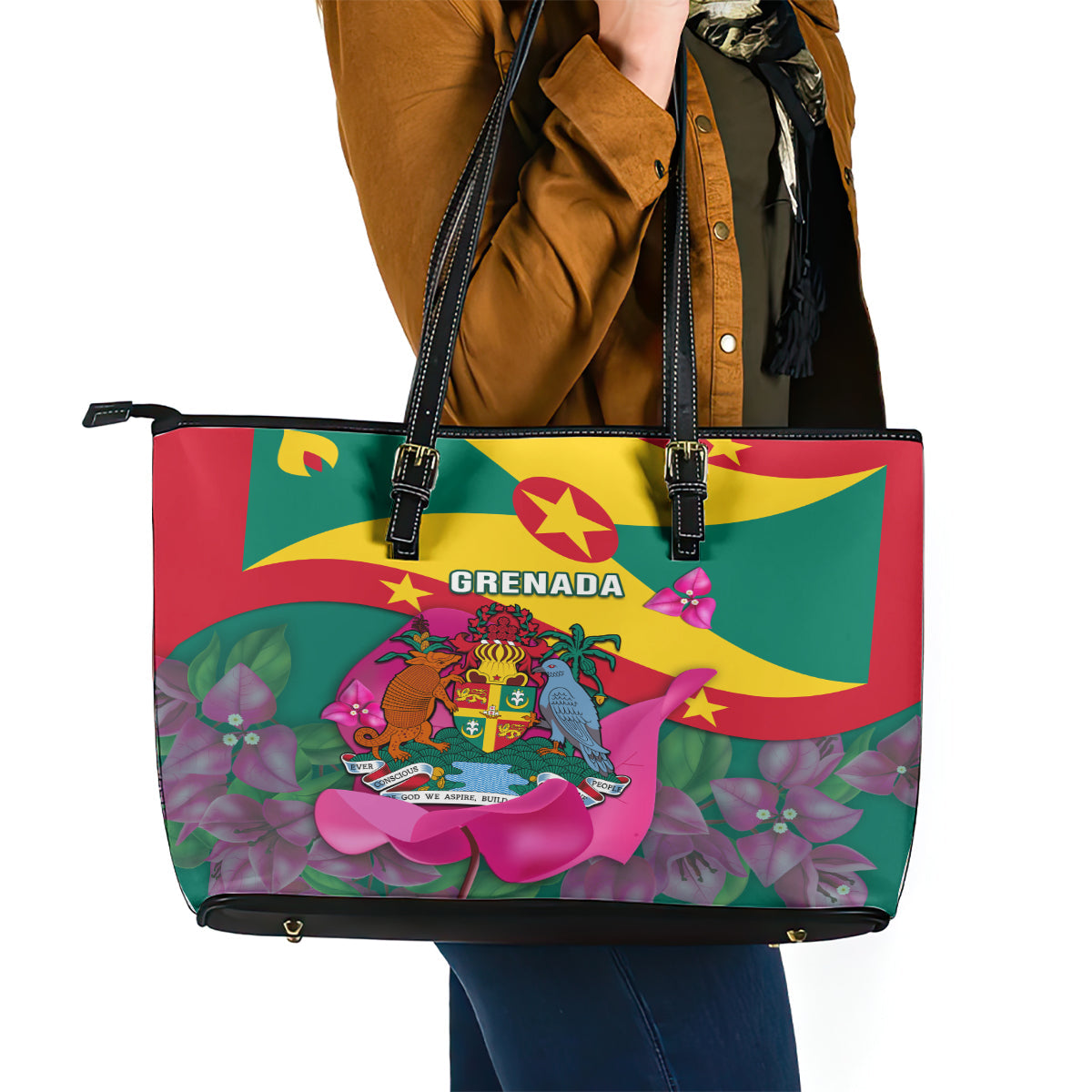 Grenada Independence Day Leather Tote Bag Gwenad Bougainvillea Flowers LT14