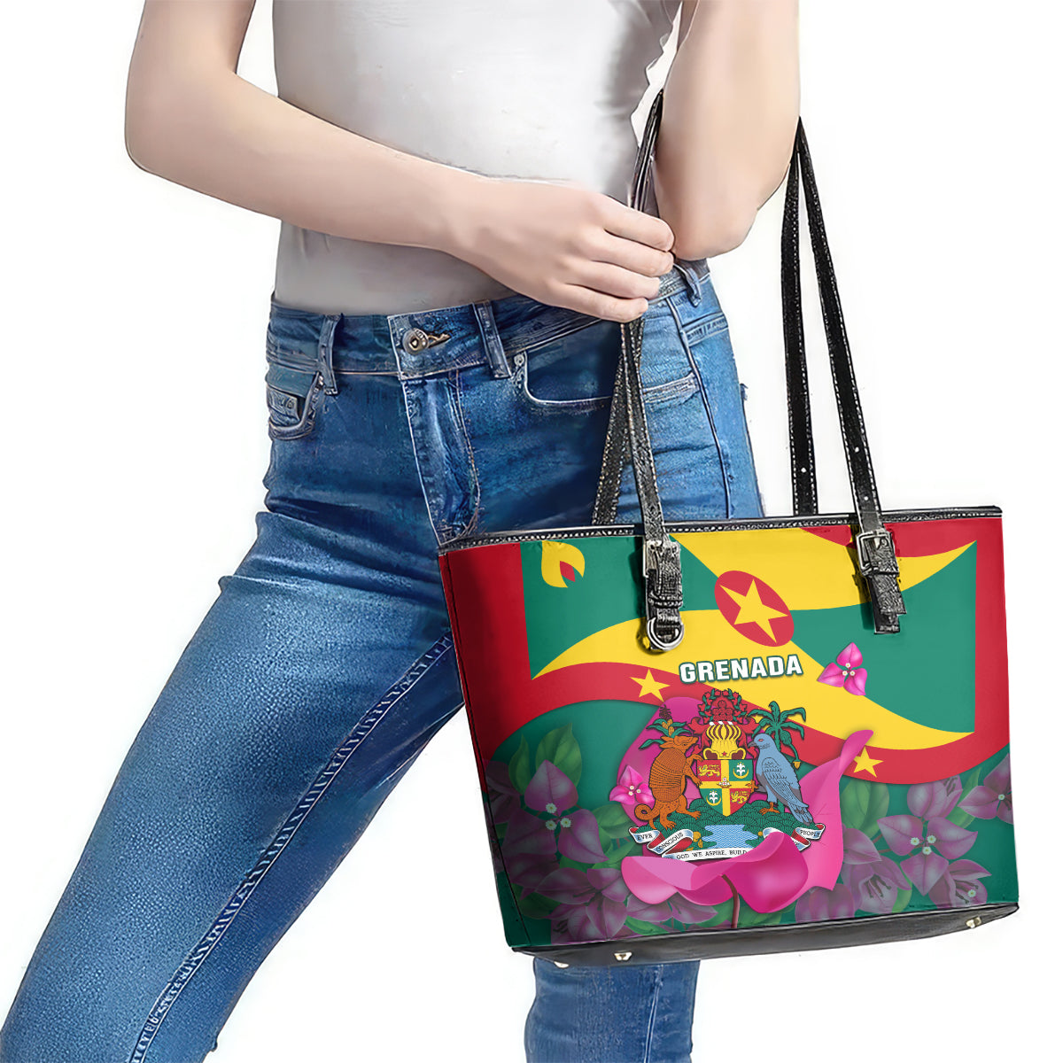 Grenada Independence Day Leather Tote Bag Gwenad Bougainvillea Flowers LT14