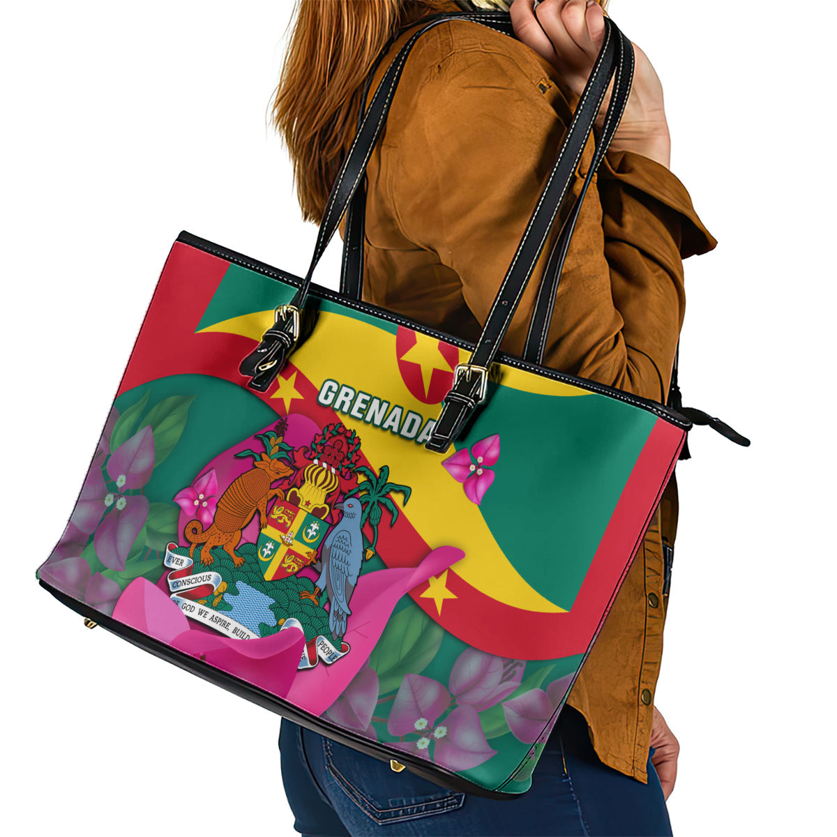 Grenada Independence Day Leather Tote Bag Gwenad Bougainvillea Flowers LT14