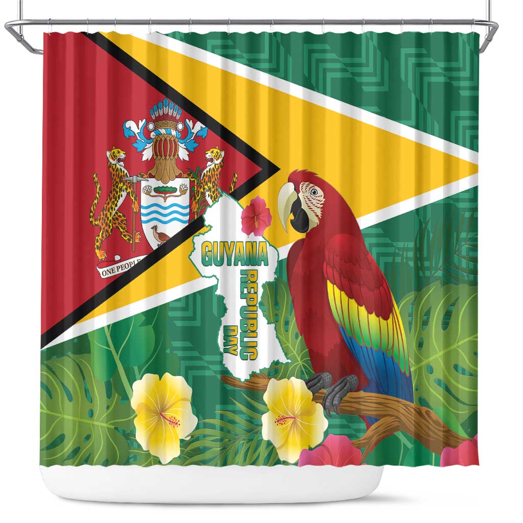 Guyana Republic Day Shower Curtain Scarlet Macaw With Map Tropical Style LT14