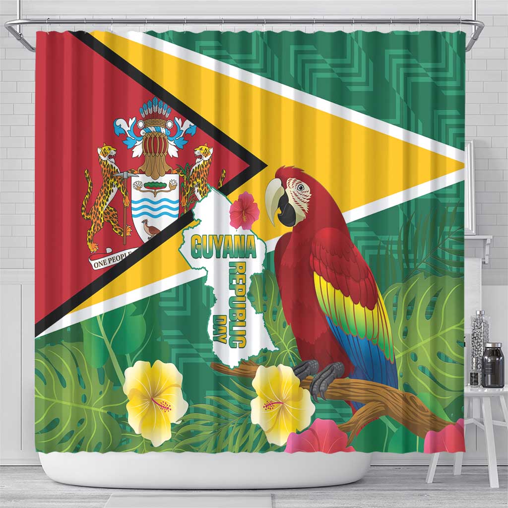 Guyana Republic Day Shower Curtain Scarlet Macaw With Map Tropical Style LT14