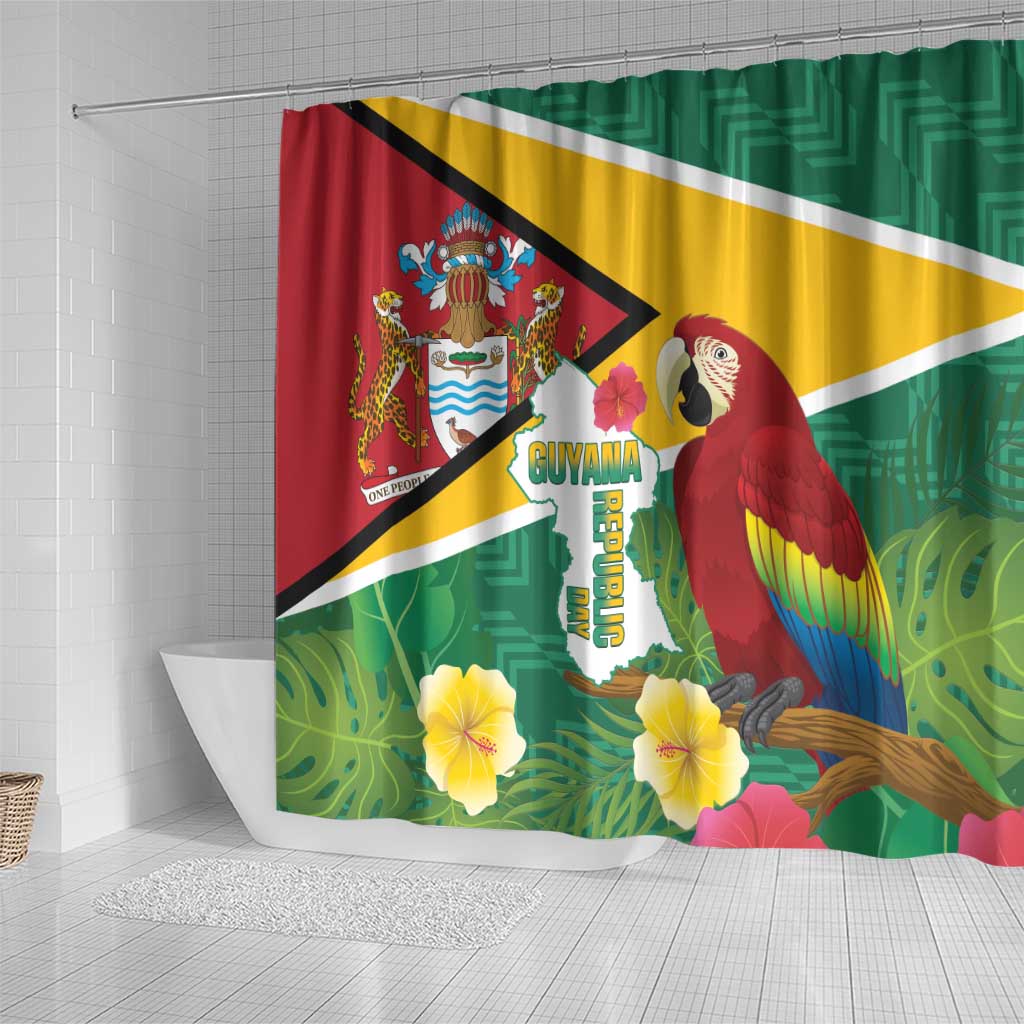 Guyana Republic Day Shower Curtain Scarlet Macaw With Map Tropical Style LT14