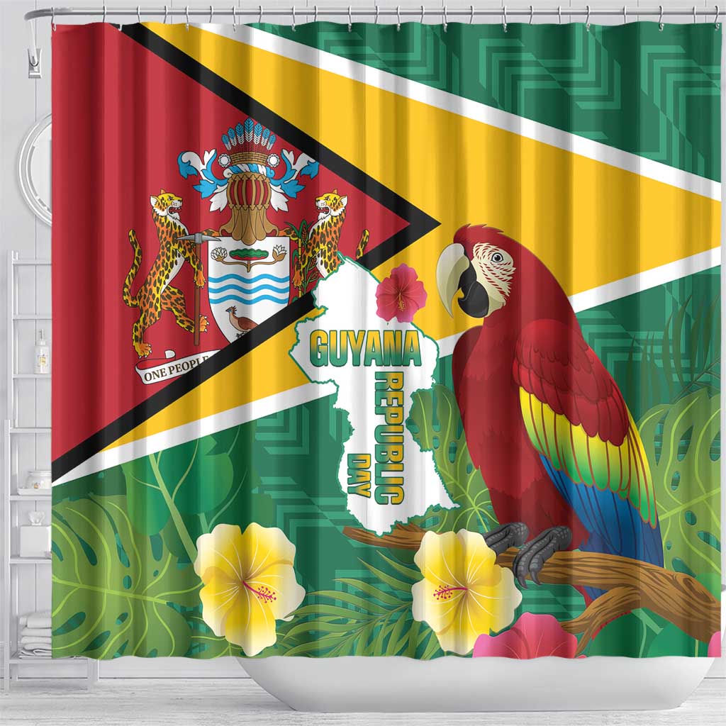 Guyana Republic Day Shower Curtain Scarlet Macaw With Map Tropical Style LT14