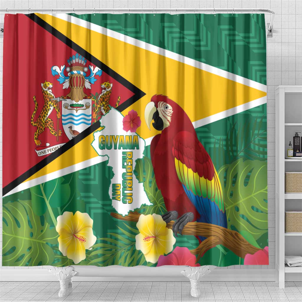 Guyana Republic Day Shower Curtain Scarlet Macaw With Map Tropical Style LT14