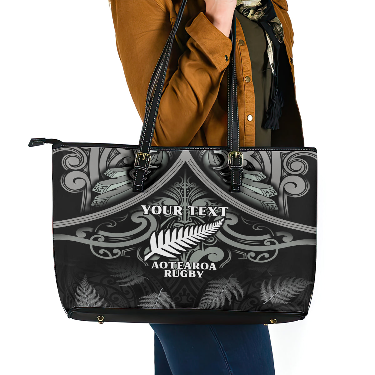 Custom New Zealand Silver Fern Rugby Leather Tote Bag All Black Since 1892 Aotearoa Moko Maori LT14
