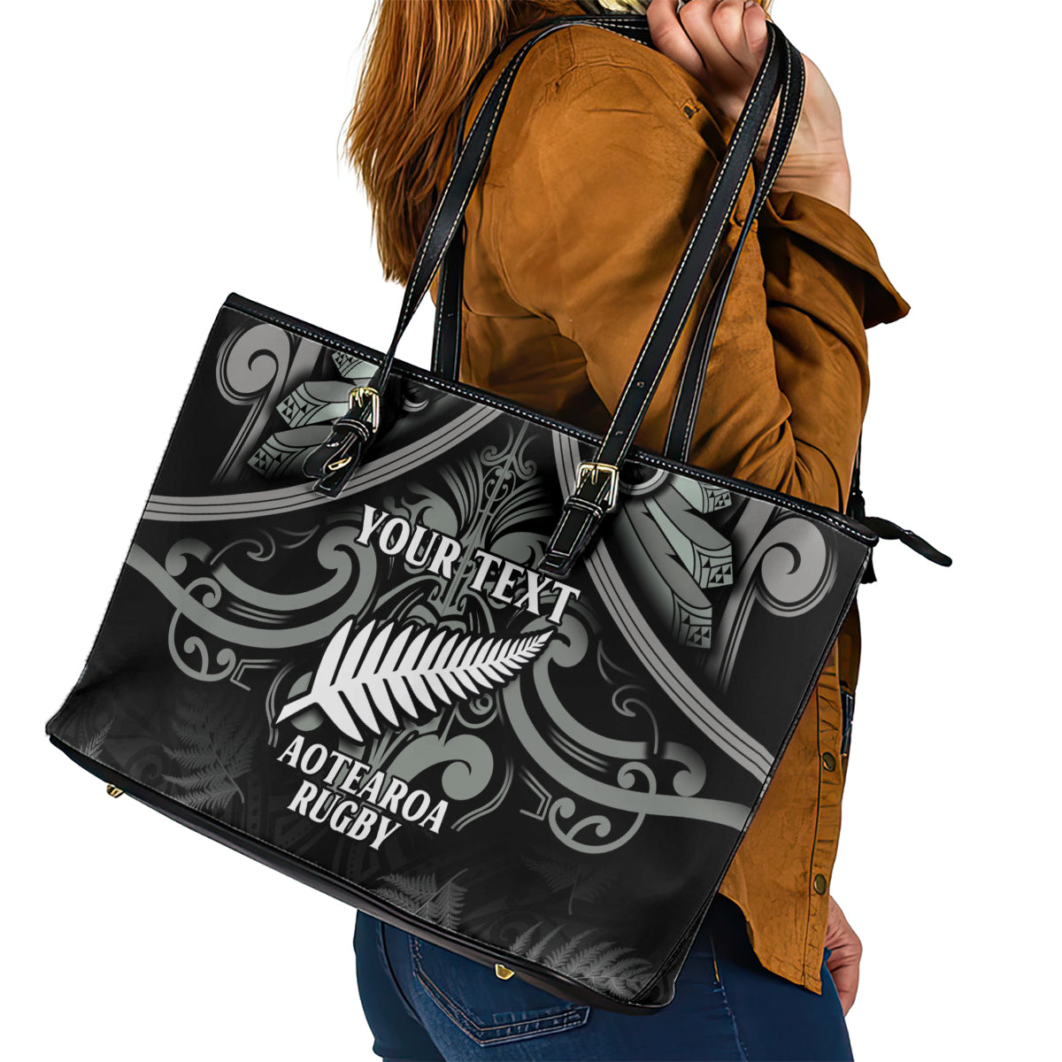 Custom New Zealand Silver Fern Rugby Leather Tote Bag All Black Since 1892 Aotearoa Moko Maori LT14