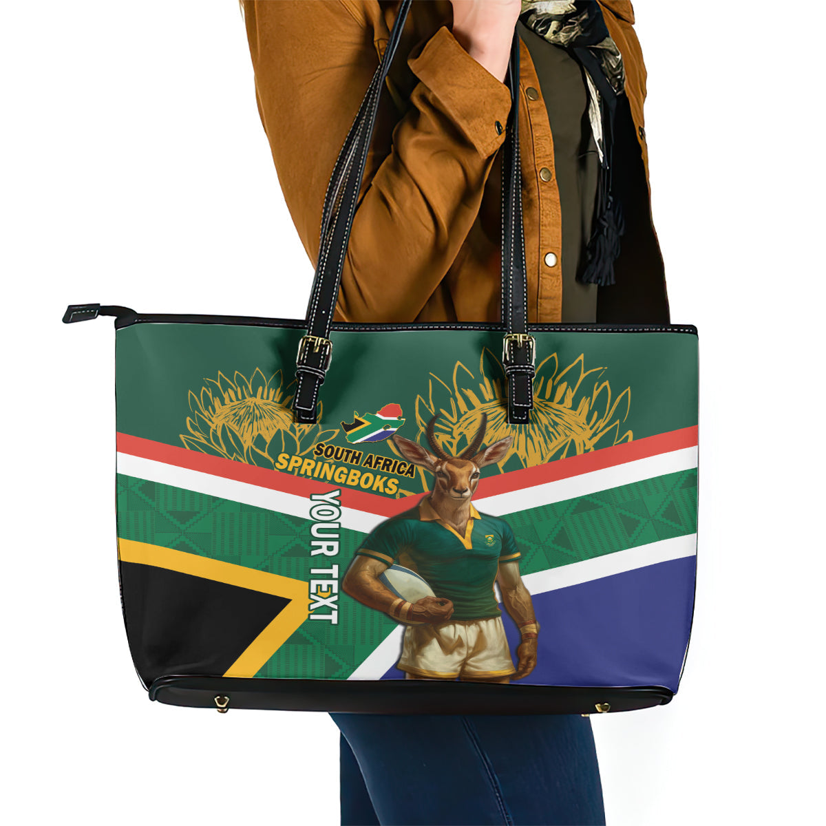 Custom South Africa Rugby Leather Tote Bag 2024 Go Springboks Mascot African Pattern LT14