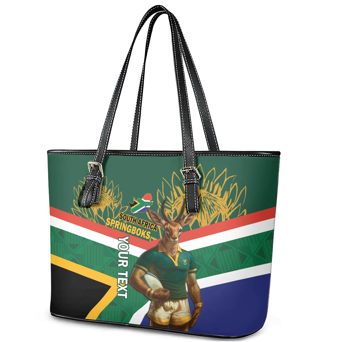 Custom South Africa Rugby Leather Tote Bag 2024 Go Springboks Mascot African Pattern LT14