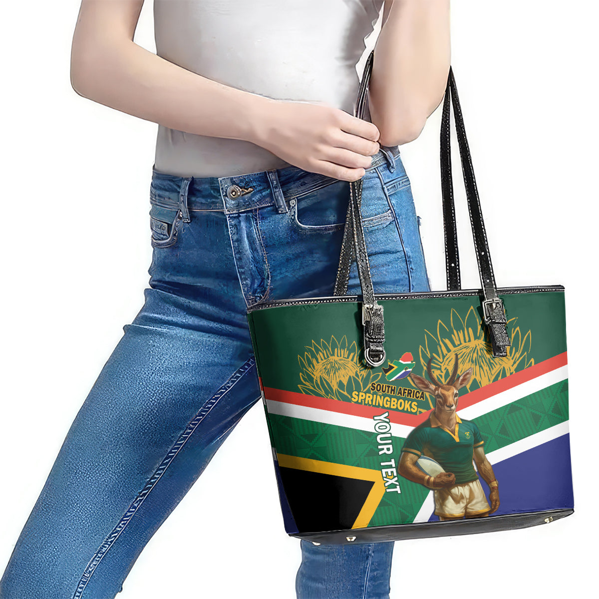 Custom South Africa Rugby Leather Tote Bag 2024 Go Springboks Mascot African Pattern LT14