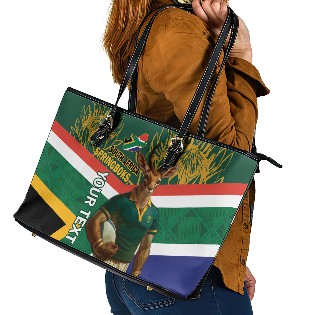 Custom South Africa Rugby Leather Tote Bag 2024 Go Springboks Mascot African Pattern LT14