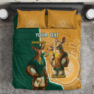 Personalised South Africa And Australia Rugby Bedding Set 2024 Springboks Wallabies Mascots Together LT14