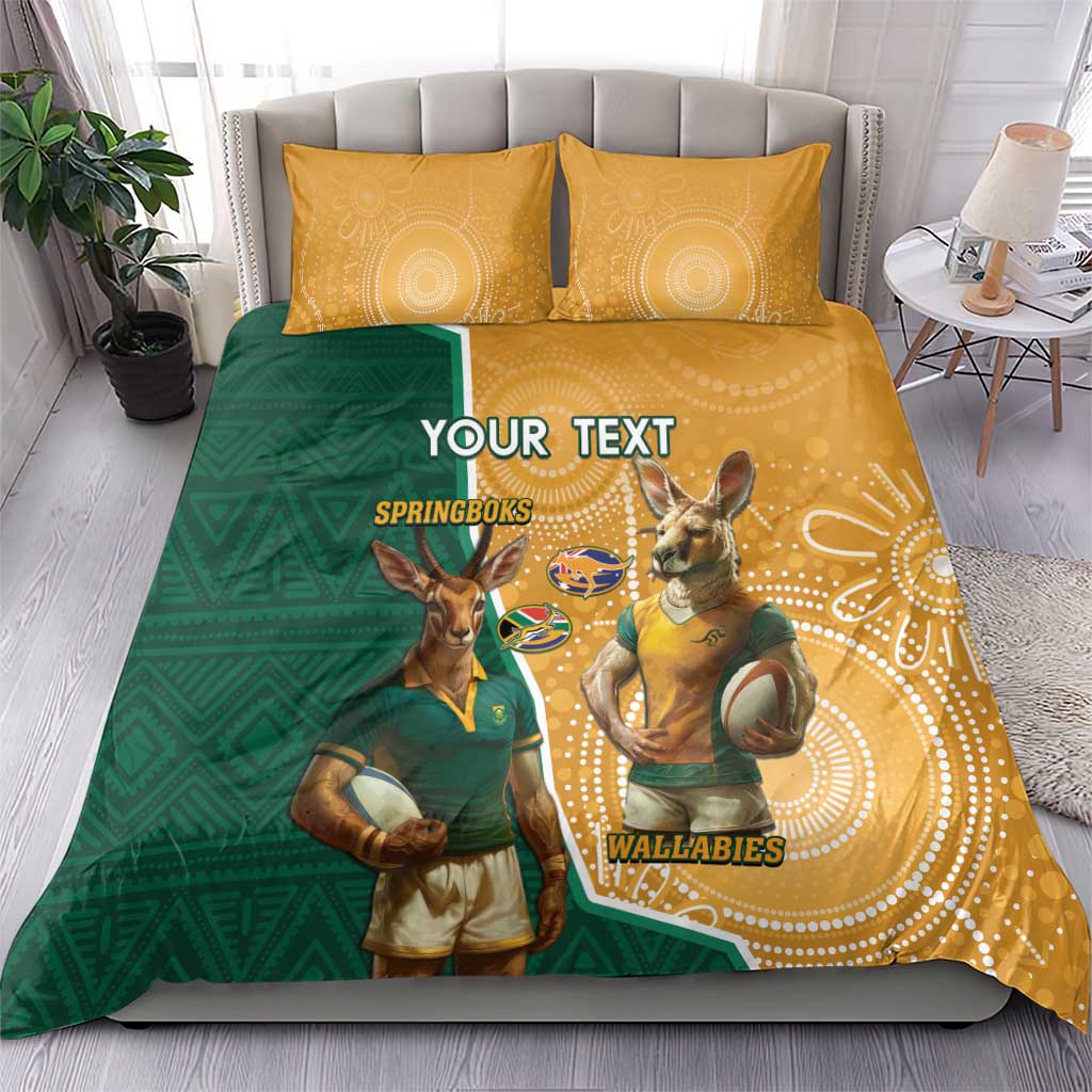 Personalised South Africa And Australia Rugby Bedding Set 2024 Springboks Wallabies Mascots Together LT14