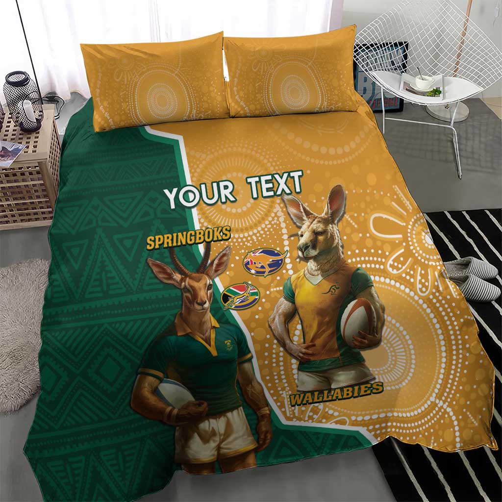 Personalised South Africa And Australia Rugby Bedding Set 2024 Springboks Wallabies Mascots Together LT14