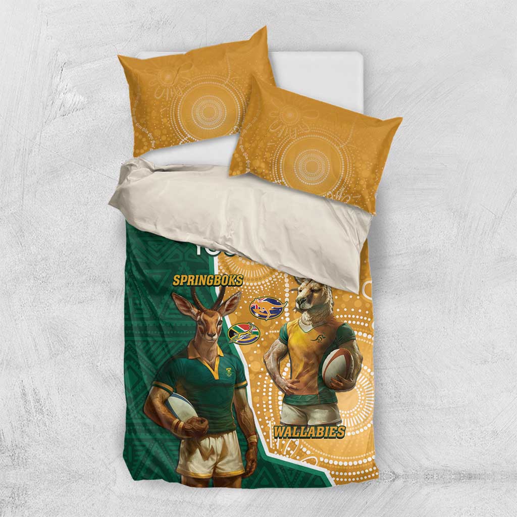 Personalised South Africa And Australia Rugby Bedding Set 2024 Springboks Wallabies Mascots Together LT14