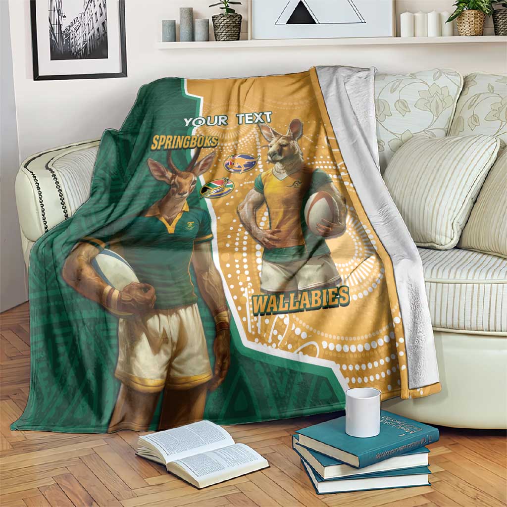 Personalised South Africa And Australia Rugby Blanket 2024 Springboks Wallabies Mascots Together LT14