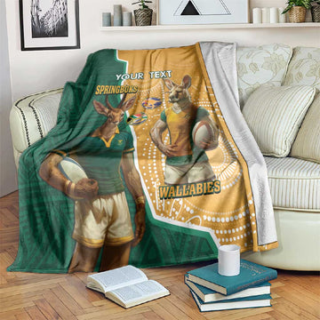 Personalised South Africa And Australia Rugby Blanket 2024 Springboks Wallabies Mascots Together LT14