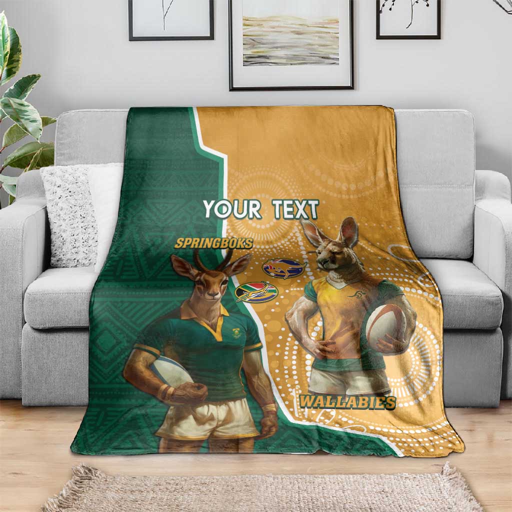 Personalised South Africa And Australia Rugby Blanket 2024 Springboks Wallabies Mascots Together LT14