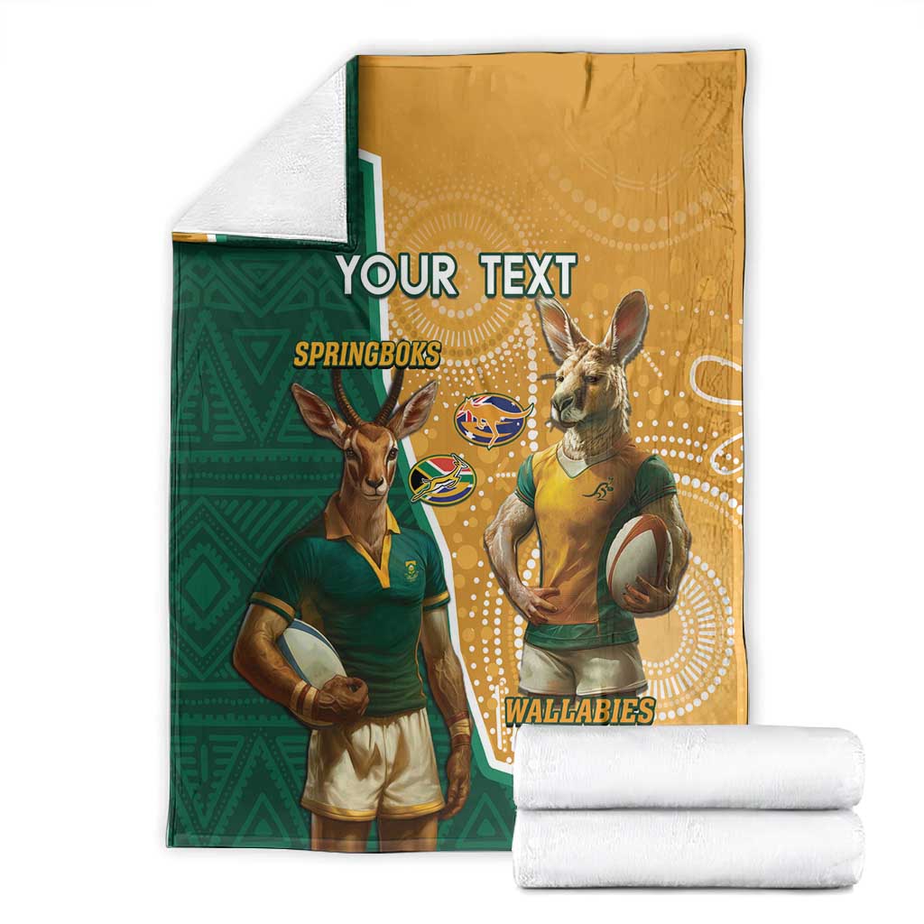 Personalised South Africa And Australia Rugby Blanket 2024 Springboks Wallabies Mascots Together LT14