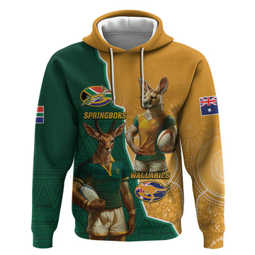 Personalised South Africa And Australia Rugby Hoodie 2024 Springboks Wallabies Mascots Together LT14
