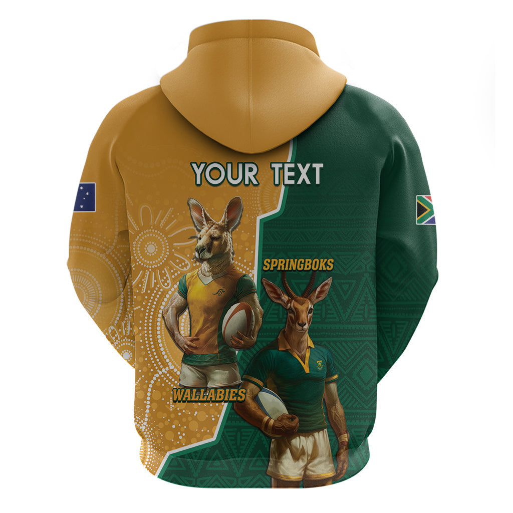 Personalised South Africa And Australia Rugby Hoodie 2024 Springboks Wallabies Mascots Together LT14