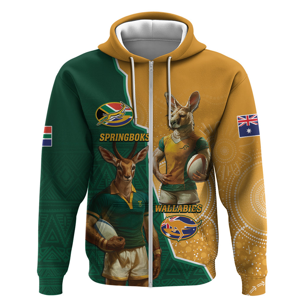 Personalised South Africa And Australia Rugby Hoodie 2024 Springboks Wallabies Mascots Together LT14