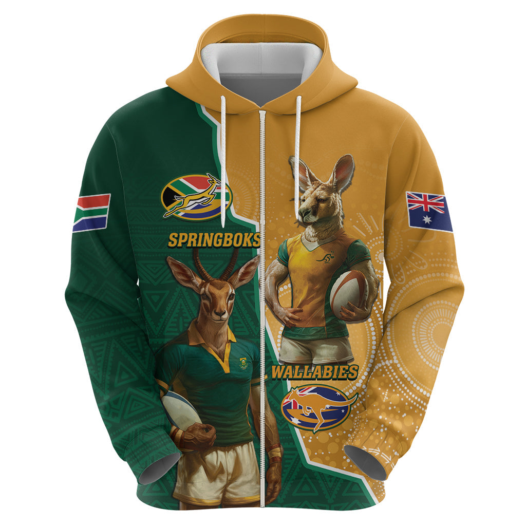 Personalised South Africa And Australia Rugby Hoodie 2024 Springboks Wallabies Mascots Together LT14