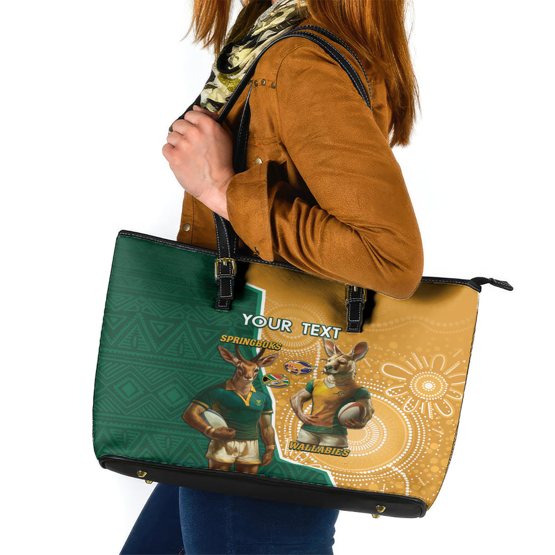 Personalised South Africa And Australia Rugby Leather Tote Bag 2024 Springboks Wallabies Mascots Together LT14