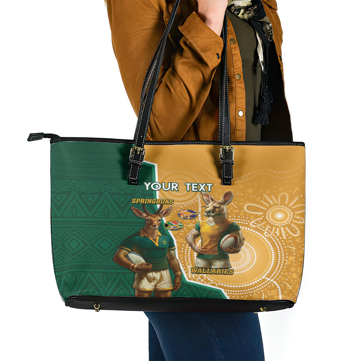 Personalised South Africa And Australia Rugby Leather Tote Bag 2024 Springboks Wallabies Mascots Together LT14