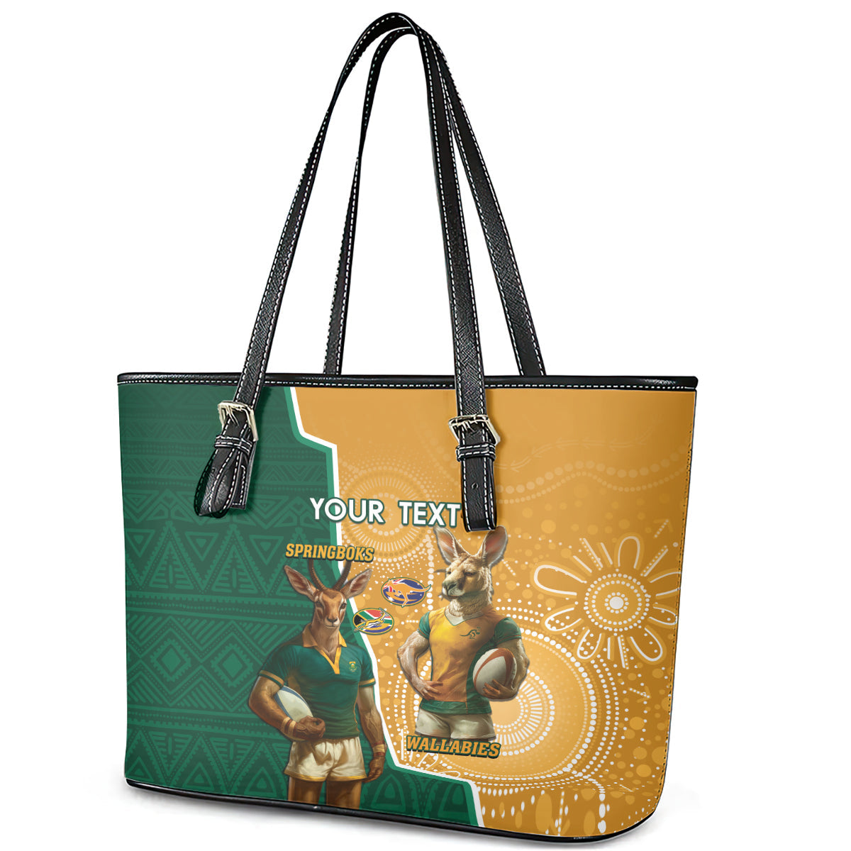 Personalised South Africa And Australia Rugby Leather Tote Bag 2024 Springboks Wallabies Mascots Together LT14