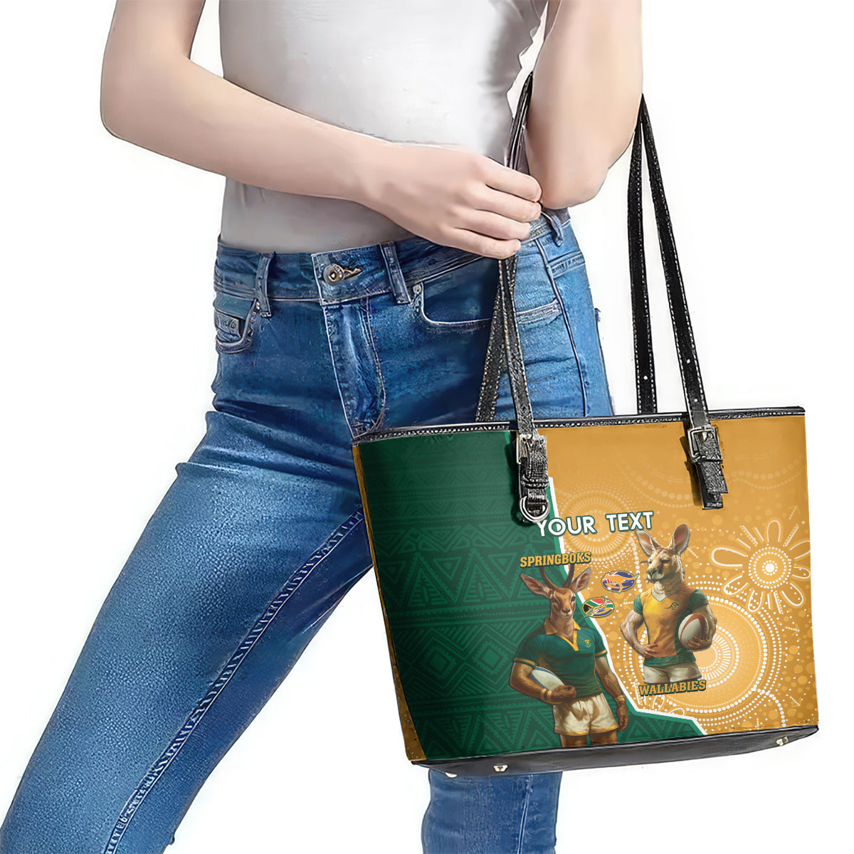 Personalised South Africa And Australia Rugby Leather Tote Bag 2024 Springboks Wallabies Mascots Together LT14
