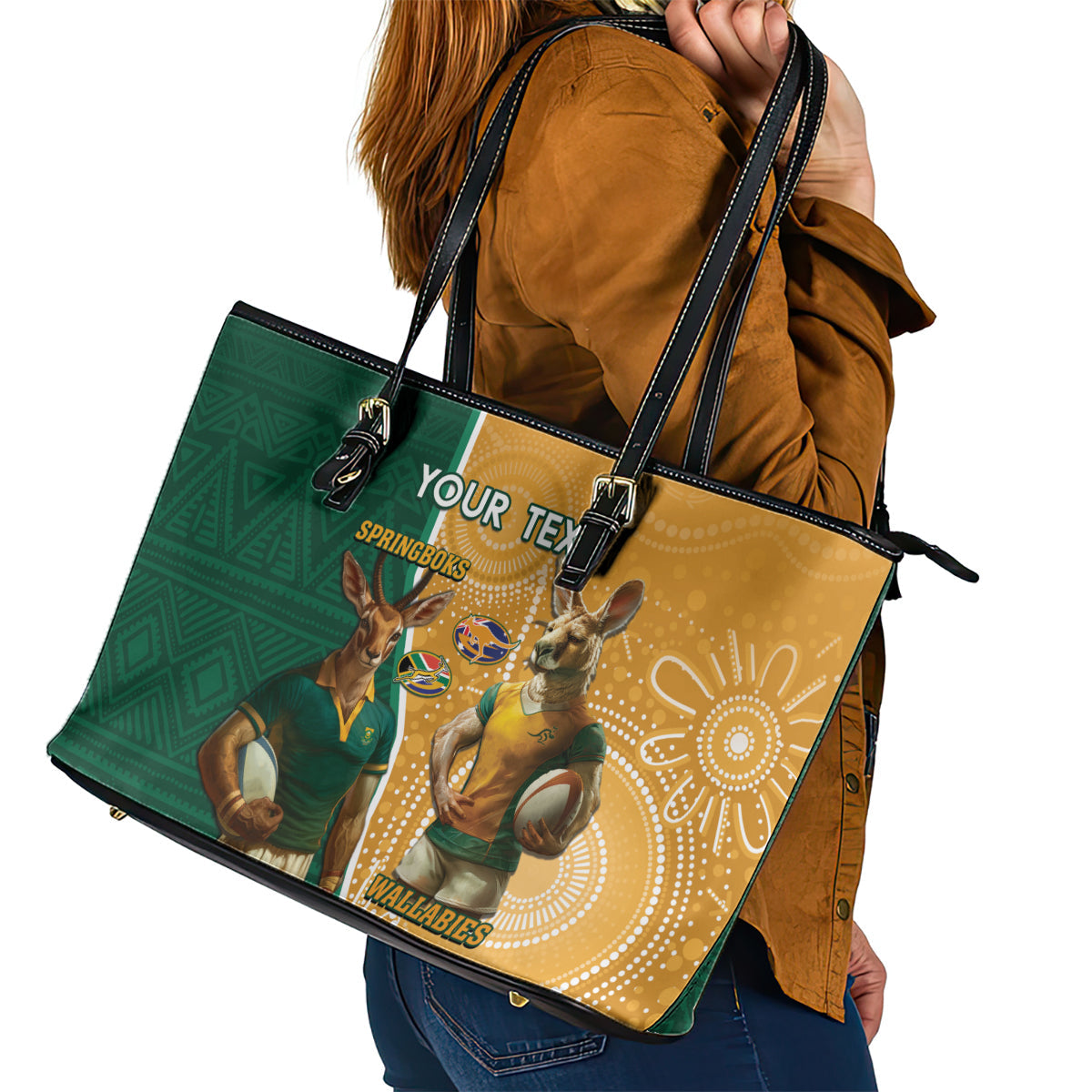 Personalised South Africa And Australia Rugby Leather Tote Bag 2024 Springboks Wallabies Mascots Together LT14
