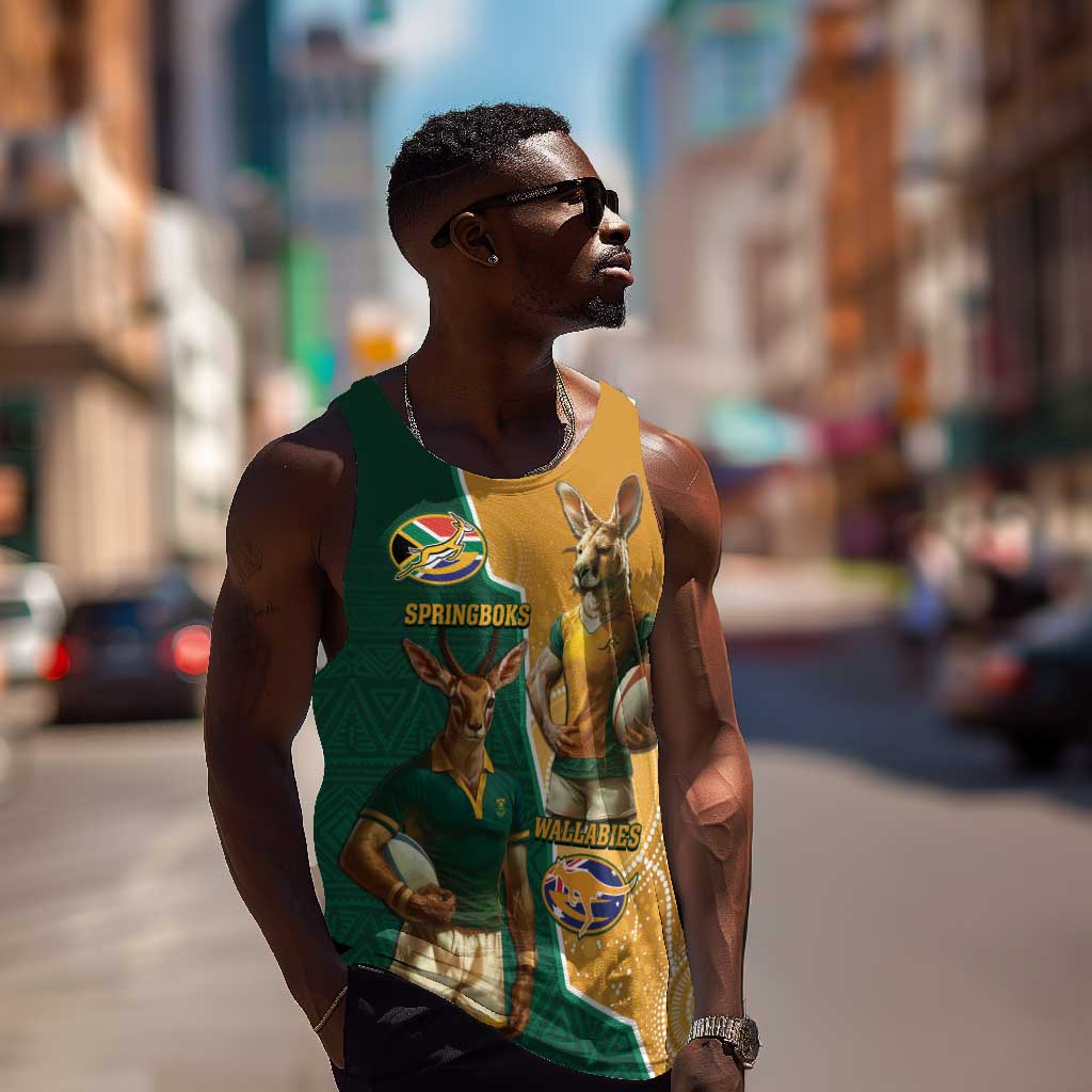 Personalised South Africa And Australia Rugby Men Tank Top 2024 Springboks Wallabies Mascots Together LT14