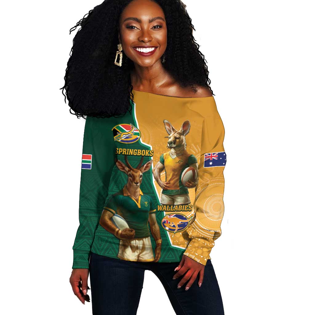 Personalised South Africa And Australia Rugby Off Shoulder Sweater 2024 Springboks Wallabies Mascots Together LT14
