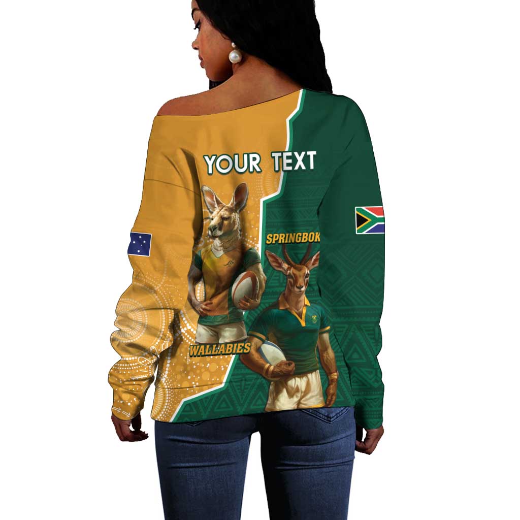 Personalised South Africa And Australia Rugby Off Shoulder Sweater 2024 Springboks Wallabies Mascots Together LT14