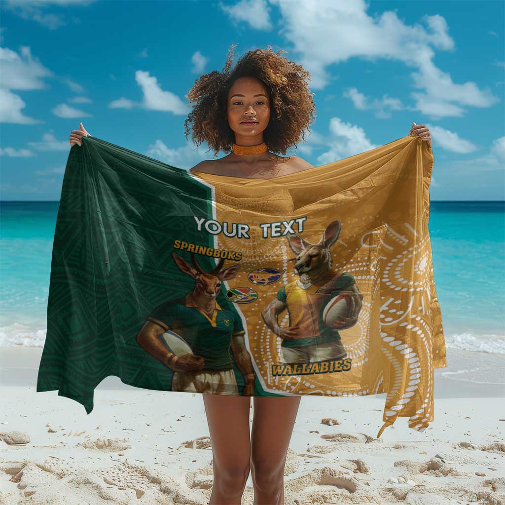 Personalised South Africa And Australia Rugby Sarong 2024 Springboks Wallabies Mascots Together LT14