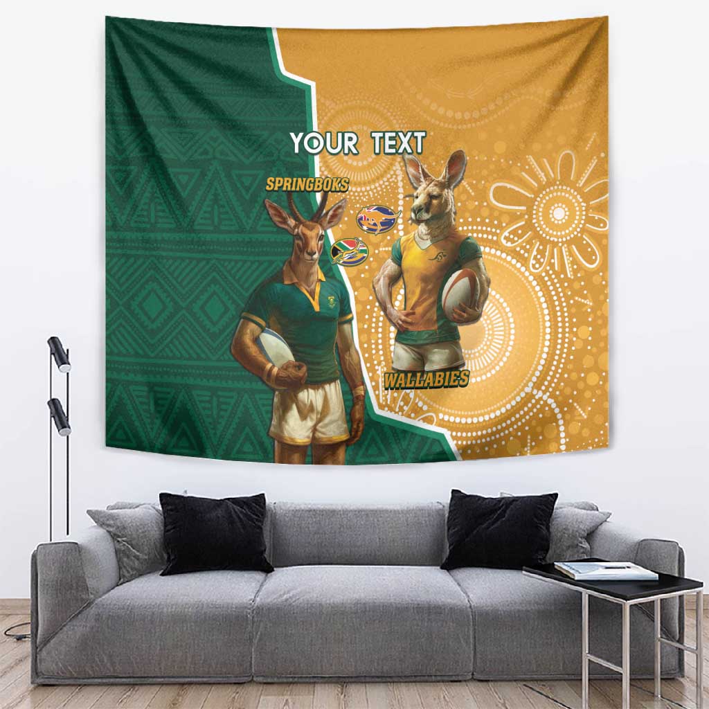 Personalised South Africa And Australia Rugby Tapestry 2024 Springboks Wallabies Mascots Together LT14