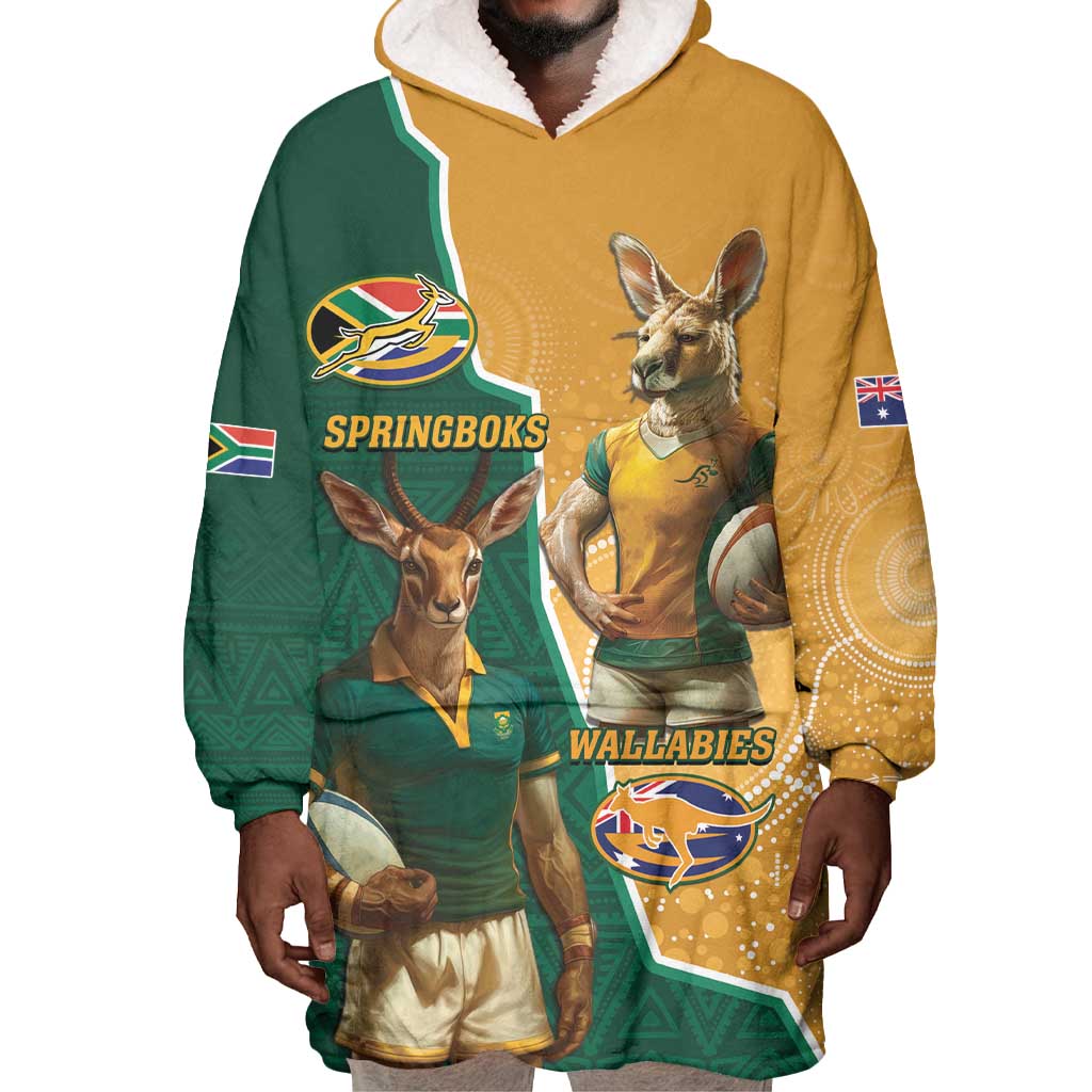 Personalised South Africa And Australia Rugby Wearable Blanket Hoodie 2024 Springboks Wallabies Mascots Together LT14