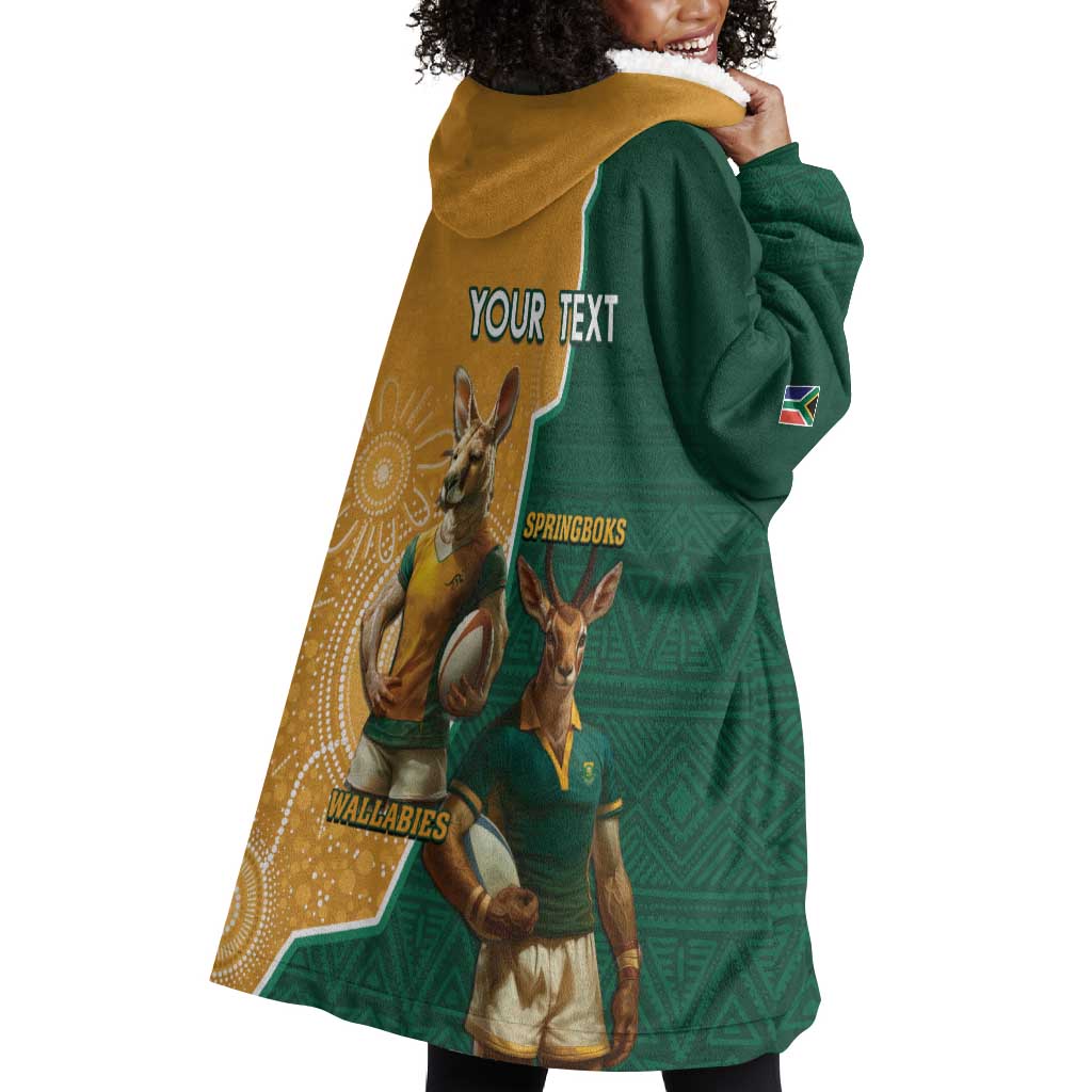 Personalised South Africa And Australia Rugby Wearable Blanket Hoodie 2024 Springboks Wallabies Mascots Together LT14