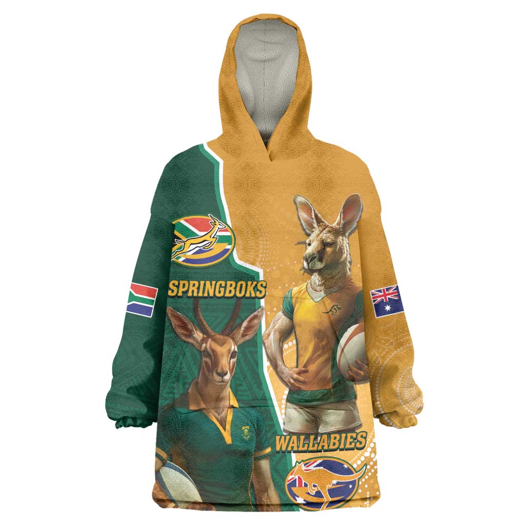 Personalised South Africa And Australia Rugby Wearable Blanket Hoodie 2024 Springboks Wallabies Mascots Together LT14