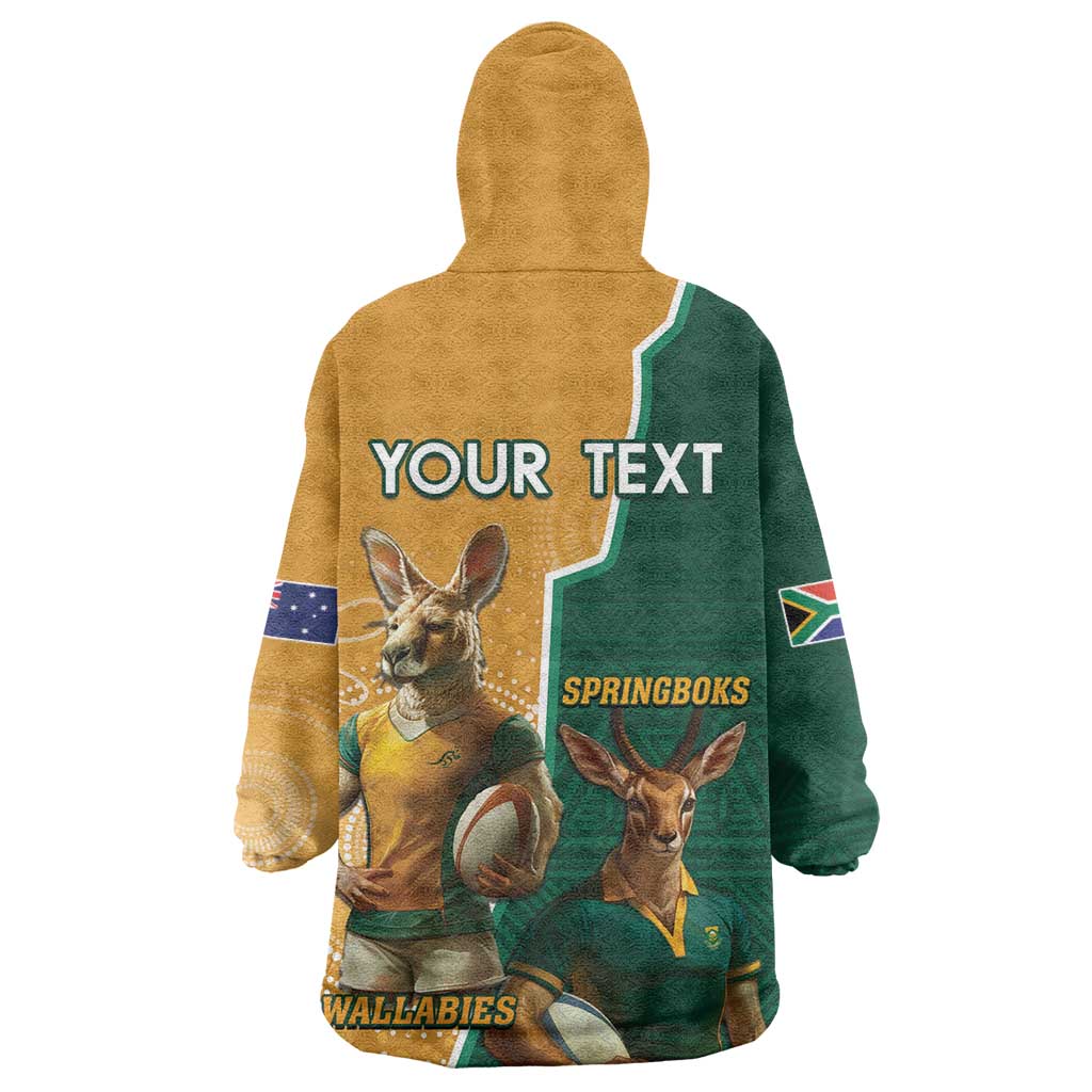 Personalised South Africa And Australia Rugby Wearable Blanket Hoodie 2024 Springboks Wallabies Mascots Together LT14