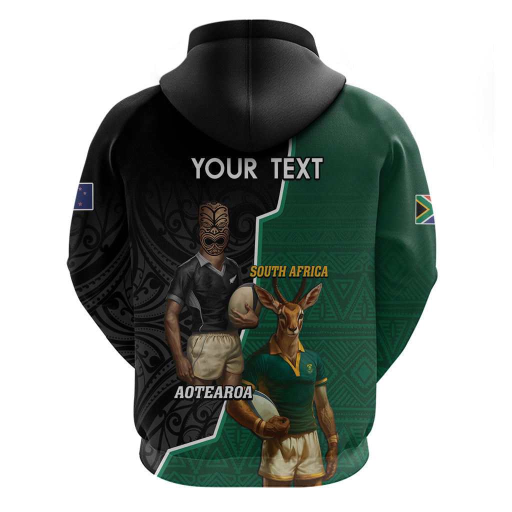 Personalised New Zealand And South Africa Rugby Hoodie 2024 All Black Springboks Mascots Together LT14