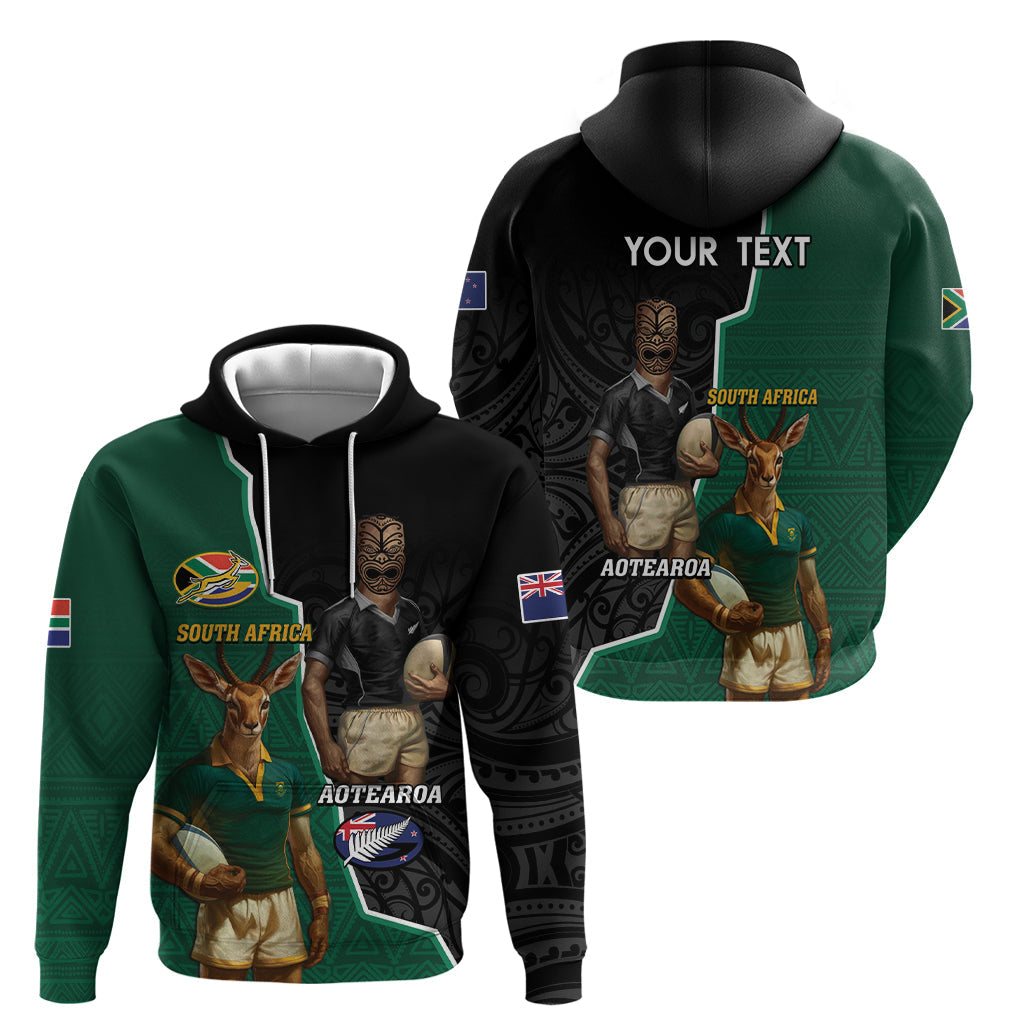 Personalised New Zealand And South Africa Rugby Hoodie 2024 All Black Springboks Mascots Together LT14