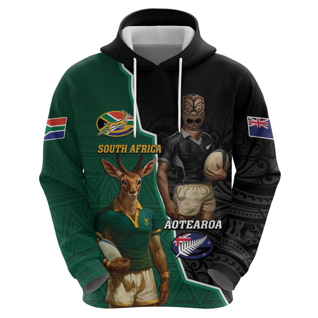 Personalised New Zealand And South Africa Rugby Hoodie 2024 All Black Springboks Mascots Together LT14