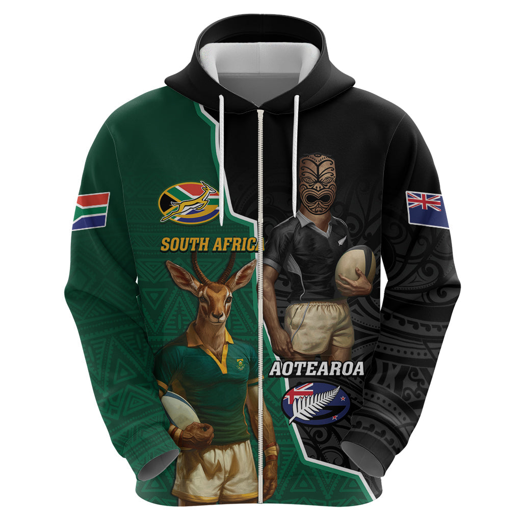 Personalised New Zealand And South Africa Rugby Hoodie 2024 All Black Springboks Mascots Together LT14