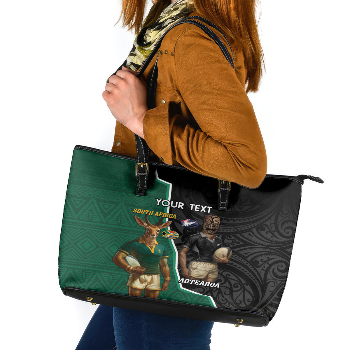 Personalised New Zealand And South Africa Rugby Leather Tote Bag 2024 All Black Springboks Mascots Together LT14