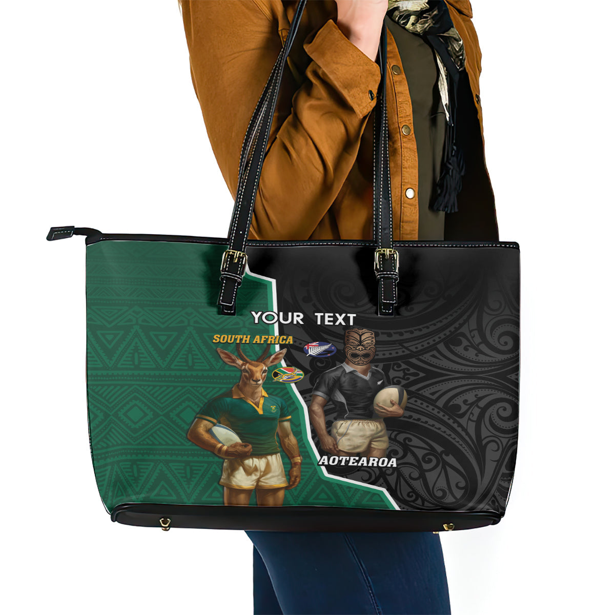Personalised New Zealand And South Africa Rugby Leather Tote Bag 2024 All Black Springboks Mascots Together LT14