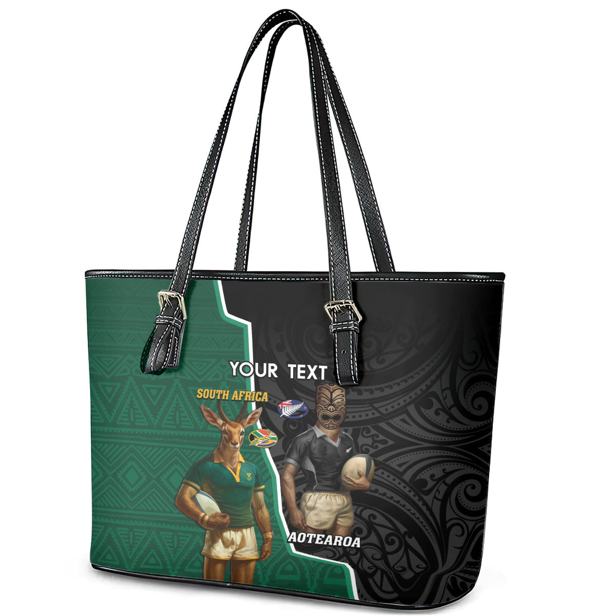 Personalised New Zealand And South Africa Rugby Leather Tote Bag 2024 All Black Springboks Mascots Together LT14
