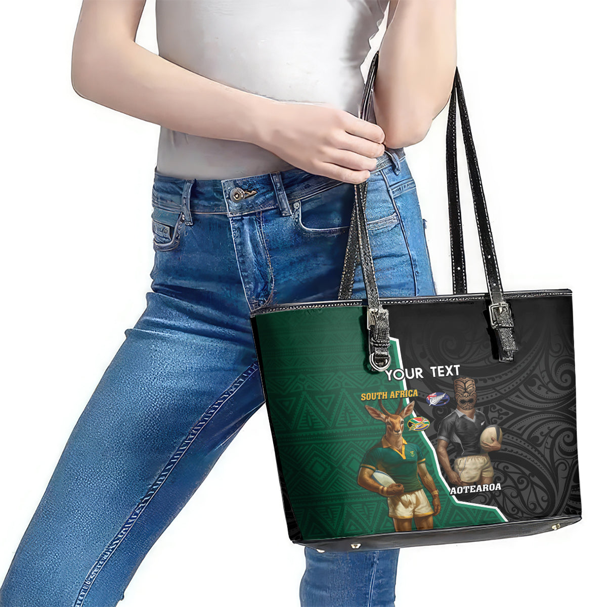 Personalised New Zealand And South Africa Rugby Leather Tote Bag 2024 All Black Springboks Mascots Together LT14